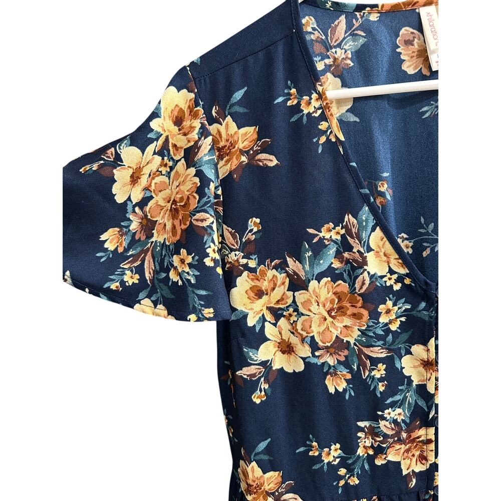 Xhilaration Blue Yellow Floral Mini Dress Ruffle Hem Flutter Sleeve Pockets L - Picture 10 of 14